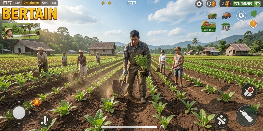 Gambar gameplay F7F7 yang menampilkan aktivitas bertani yang seru.