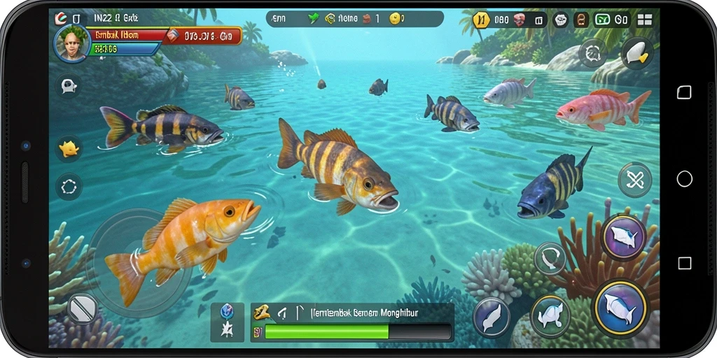 Tangkapan layar gameplay IN22 menampilkan aksi menembak ikan yang seru.