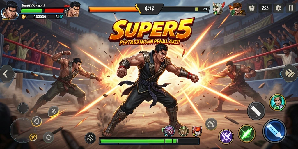 Tampilan gameplay SUPER5 dengan pertarungan seru dan karakter yang dinamis.