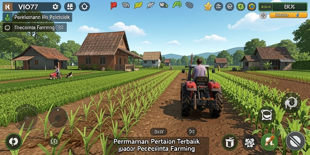 Tampilan gameplay VIO77 yang penuh warna dalam suasana pertanian.